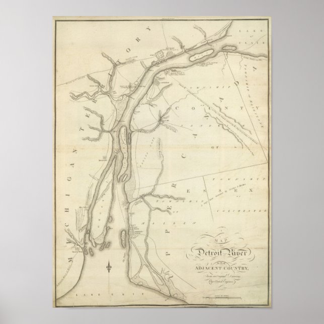 Pôster Mapa do rio Detroit (Frente)
