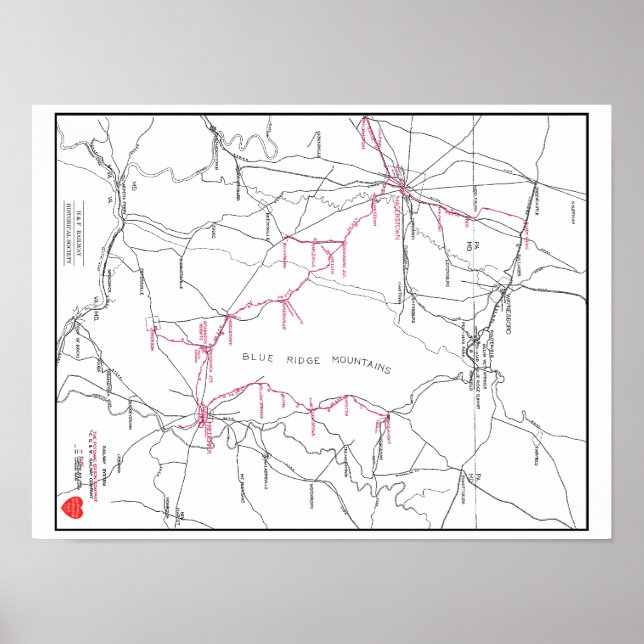 Pôster Mapa do sistema ferroviário Hagerstown e Frederick (Frente)