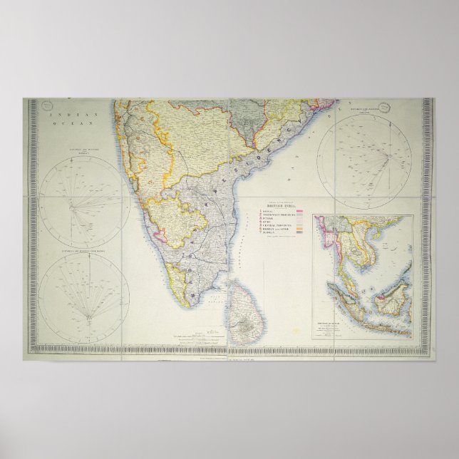 Pôster Mapa do Sul Inglês da Índia, 1872 (Frente)