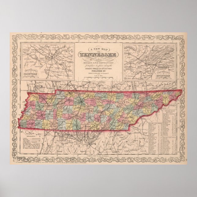 Pôster Mapa do Tennessee (1859) (Frente)