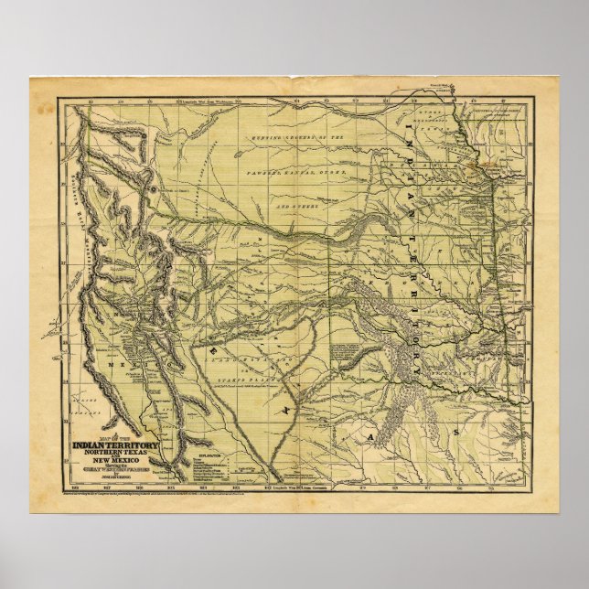 Pôster Mapa do Território Indiano de Josiah Gregg em 1844 (Frente)