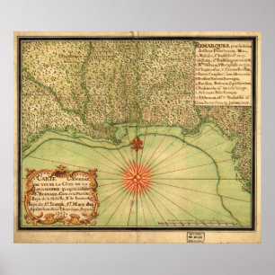 Pôster Mapa do Território Louisiana e Costa do Golfo 1747
