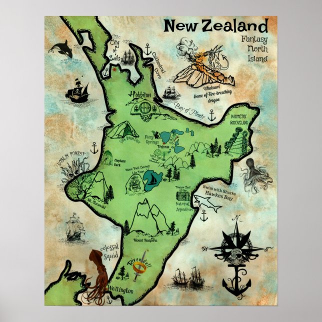 Poster Mapa do tesouro na Nova Zelândia Fantasy North Isl (Frente)