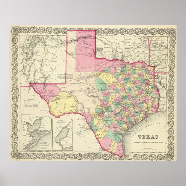 Pôster Mapa do Texas (1856) (Frente)