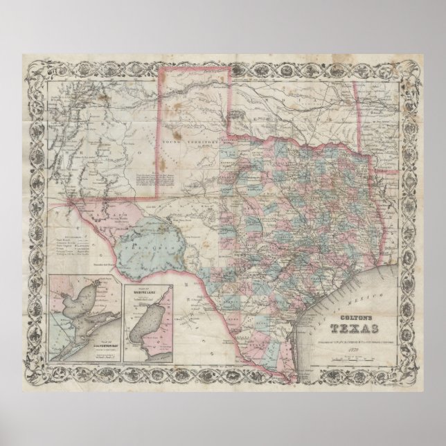 Pôster Mapa do Texas (1870) (Frente)