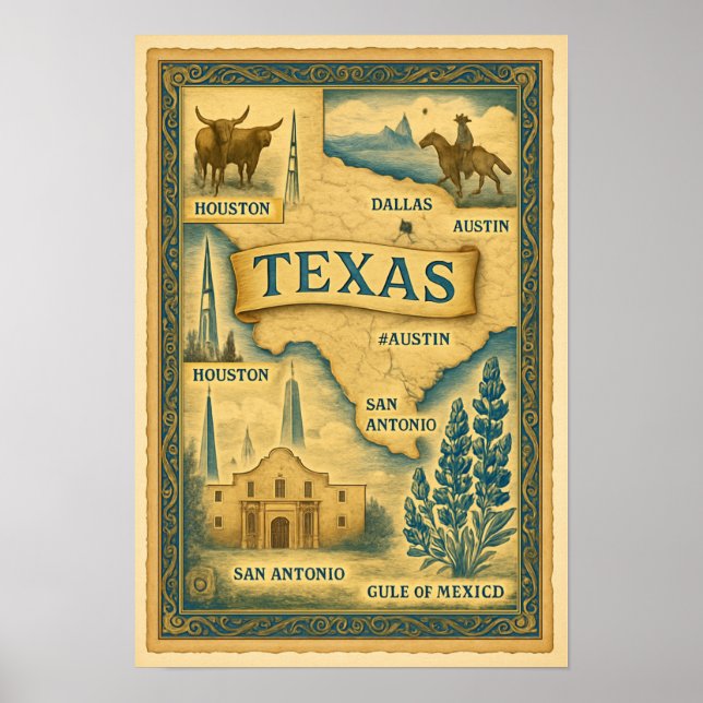 Poster Mapa do Texas, 1885 (Frente)