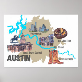 Pôster Mapa do Texas Austin