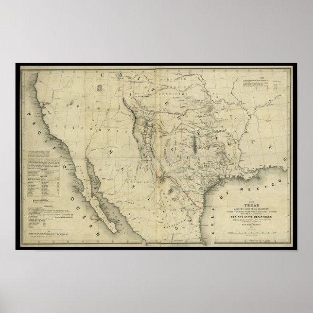 Pôster Mapa do Texas e dos países adjacentes em 1844 (Frente)