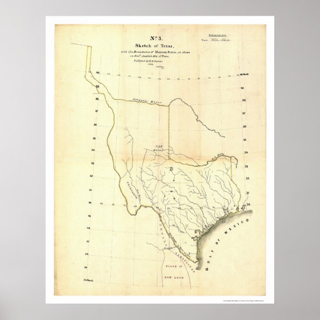 Pôster Mapa do Texas e Estados mexicanos por Tanner 1839 (Frente)