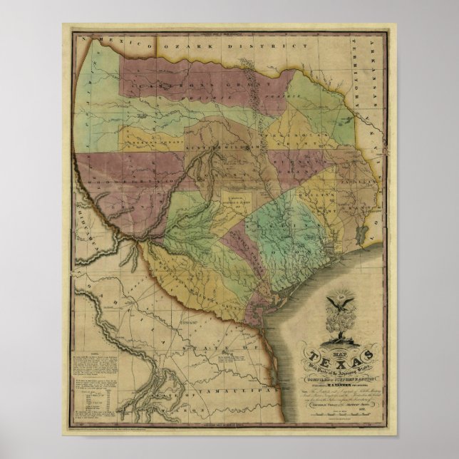 Pôster Mapa do Texas em 1837 com Partes dos Estados limít (Frente)