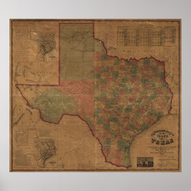 Pôster Mapa do Texas em 1862 (Frente)