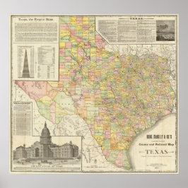 Poster Mapa do Texas para o Condado de Large Scale e o Ca