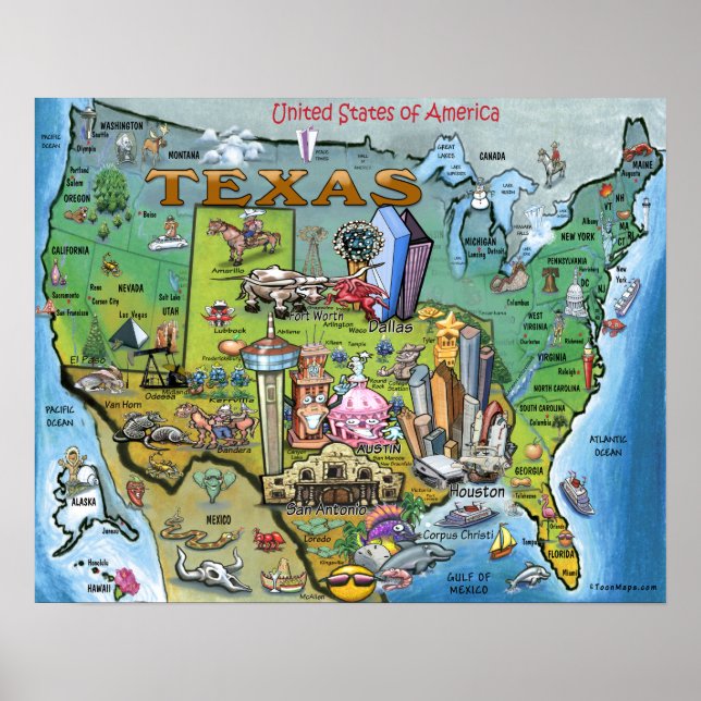 Poster Mapa do Texas USA (Frente)