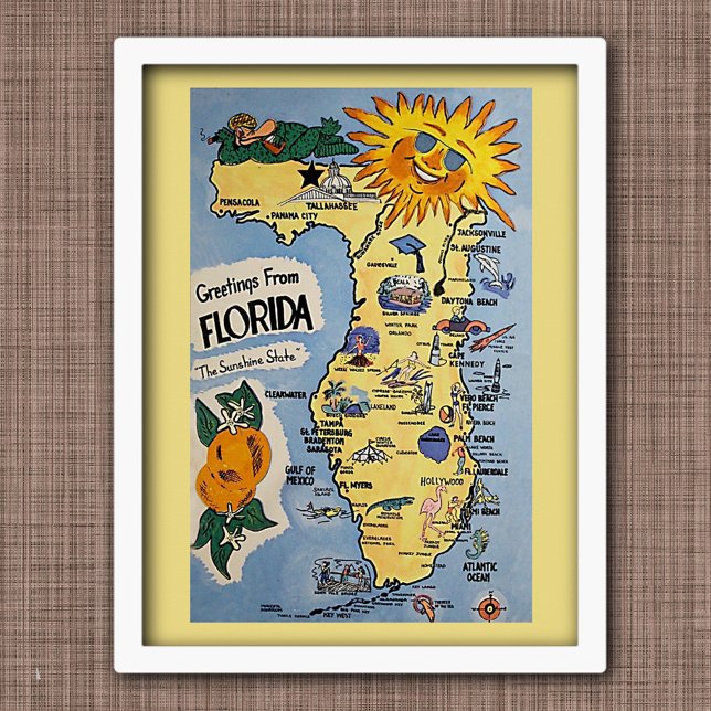 Poster Mapa do turismo de saudações da Flórida Vintage (Criador carregado)