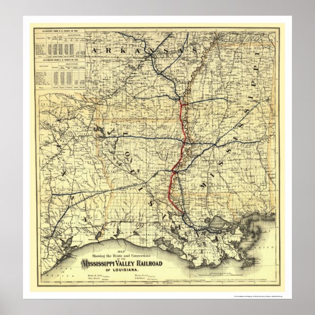 Pôster Mapa do Vale do Mississippi 1882 (Frente)