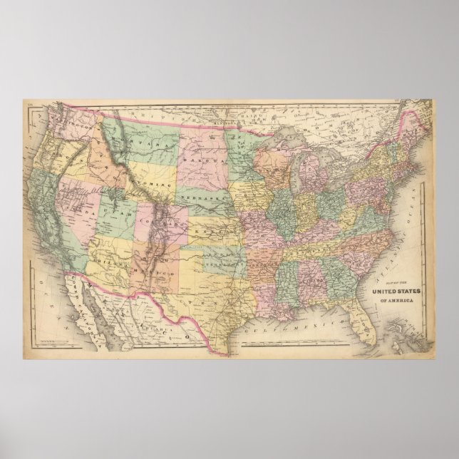 Poster Mapa do Vinage dos Estados Unidos (1873) (Frente)