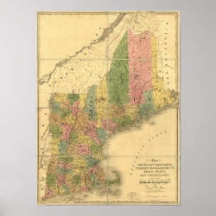 Poster Mapa do Vintage 1839 New England