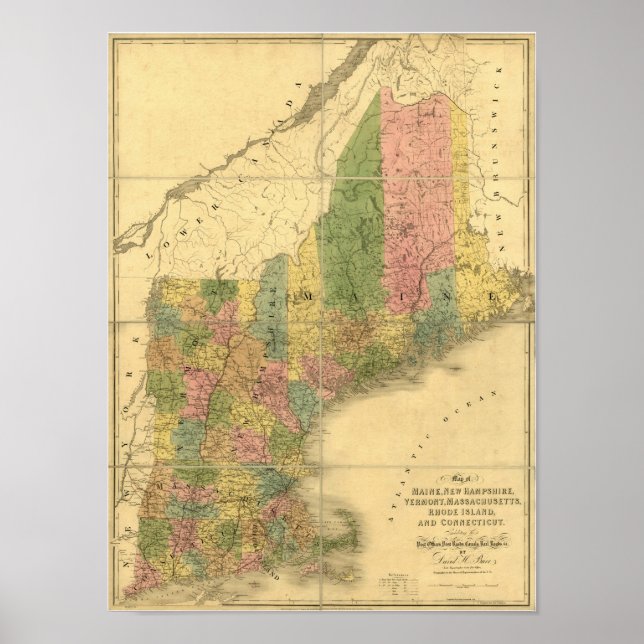 Poster Mapa do Vintage 1839 New England (Frente)