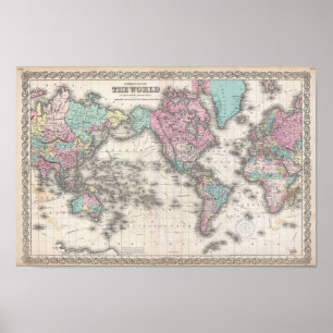 Poster Mapa do vintage 1855 do mundo