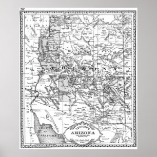 Pôster Mapa do vintage da arizona (1881) BW