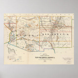 Pôster Mapa do vintage da arizona e do New mexico (1866)