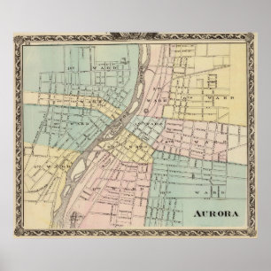 Poster Mapa do vintage da Aurora IL (1876)