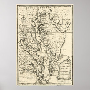 Pôster Mapa do vintage da baía de Chesapeake (1752)