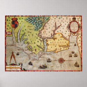 Pôster Mapa do vintage da costa de North Carolina (1591)