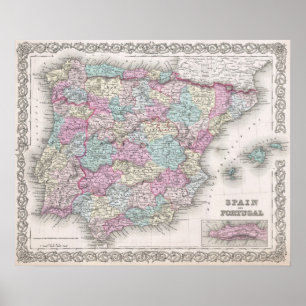 Pôster Mapa do vintage da espanha (1855)