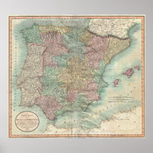 Pôster Mapa do vintage da espanha e do Portugal (1801)