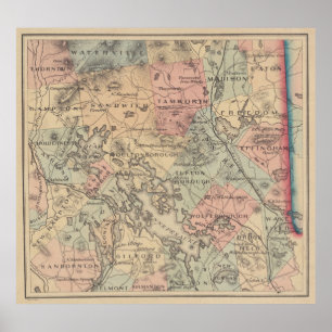 Poster Mapa do vintage da região dos lagos do NH (1890)
