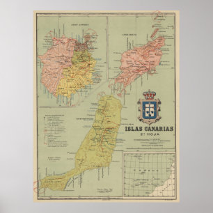 Poster Mapa do vintage das Ilhas Canárias (1916)