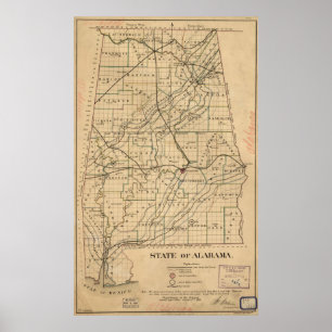 Poster Mapa do vintage de Alabama (1866)