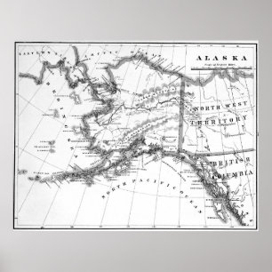 Pôster Mapa do vintage de Alaska (1883) BW