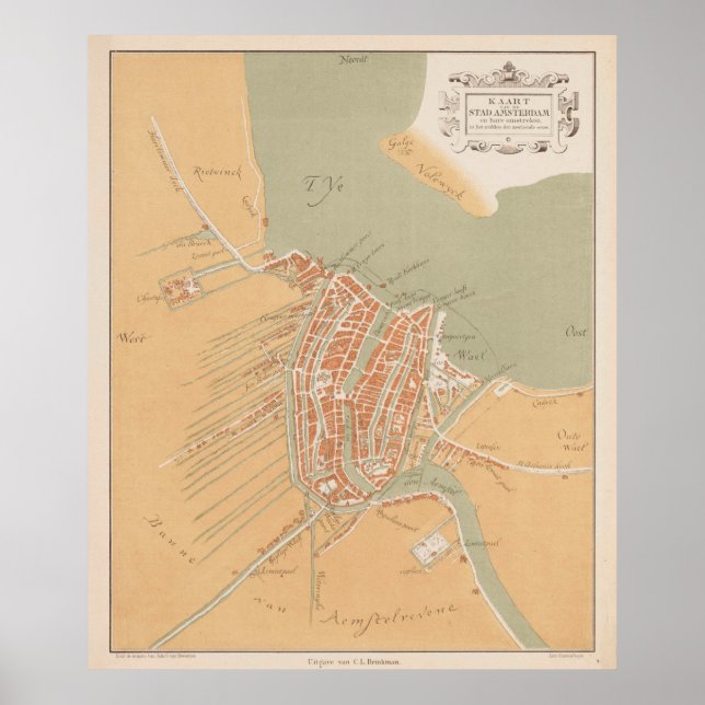 Poster Mapa do Vintage de Amsterdã Holanda (1560) (Frente)