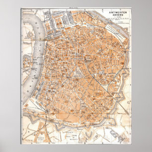 Poster Mapa do vintage de Antuérpia Bélgica (1905)