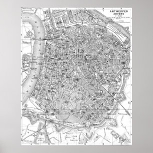 Pôster Mapa do vintage de Antuérpia Bélgica (1905) BW