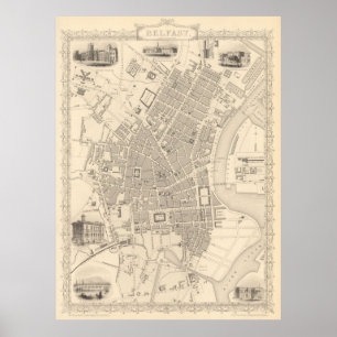 Poster Mapa do vintage de Belfast Ireland (1851)