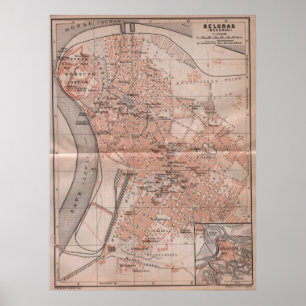 Pôster Mapa do vintage de Belgrado Serbia (1905)