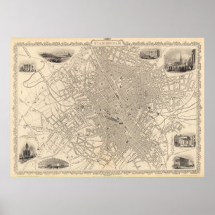 Poster Mapa do vintage de Birmingham Inglaterra (1851)