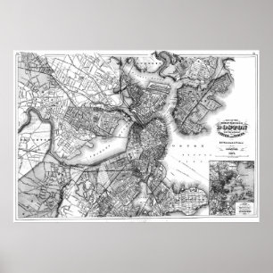 Poster Mapa do vintage de Boston Massachusetts (1871) BW