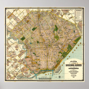 Poster Mapa do vintage de Buenos Aires Argentina (1921)