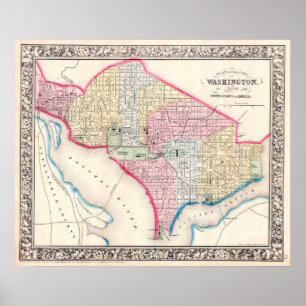 Poster Mapa do vintage de C.C. de Washington, 1864