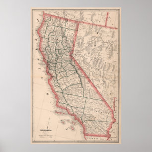 Poster Mapa do vintage de Califórnia (1883)