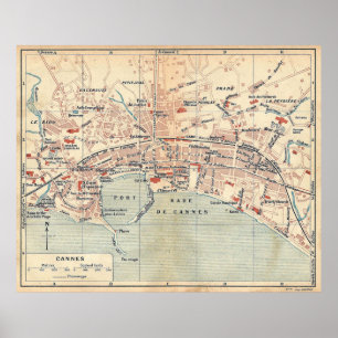 Poster Mapa do vintage de Cannes France (1921)