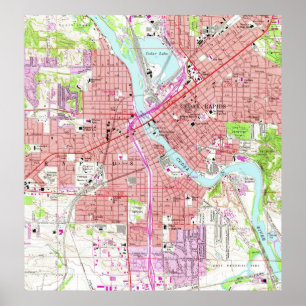 Poster Mapa do vintage de Cedar Rapids Iowa (1967)