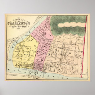 Poster Mapa do vintage de Charleston West Virginia (1873)