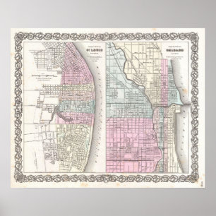 Poster Mapa do vintage de Chicago e de St Louis (1855)