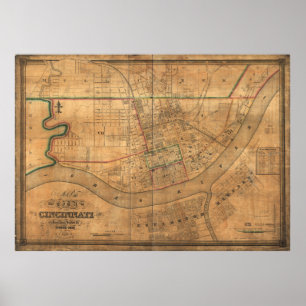 Poster Mapa do vintage de Cincinnati Ohio (1838)