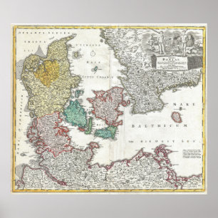 Pôster Mapa do vintage de Dinamarca (1730)